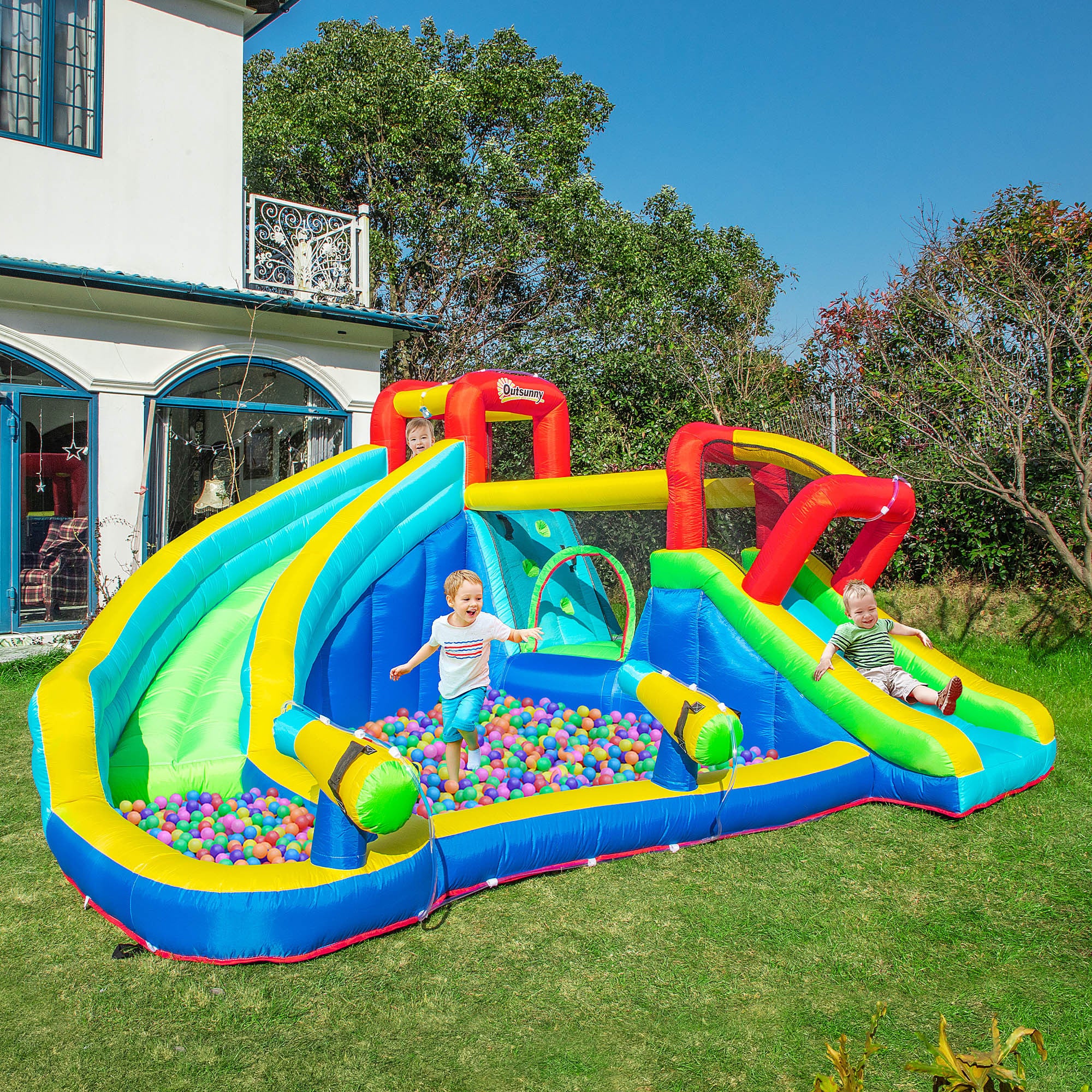 Outsunny 5-in-1 Inflatable Water Slide Kids Bounce House Water Park Jumping Castle Includes Trampoline Slide Water Pool Cannon Climbing Wall with Carry Bag, Repair Patches, 450W Air Blower