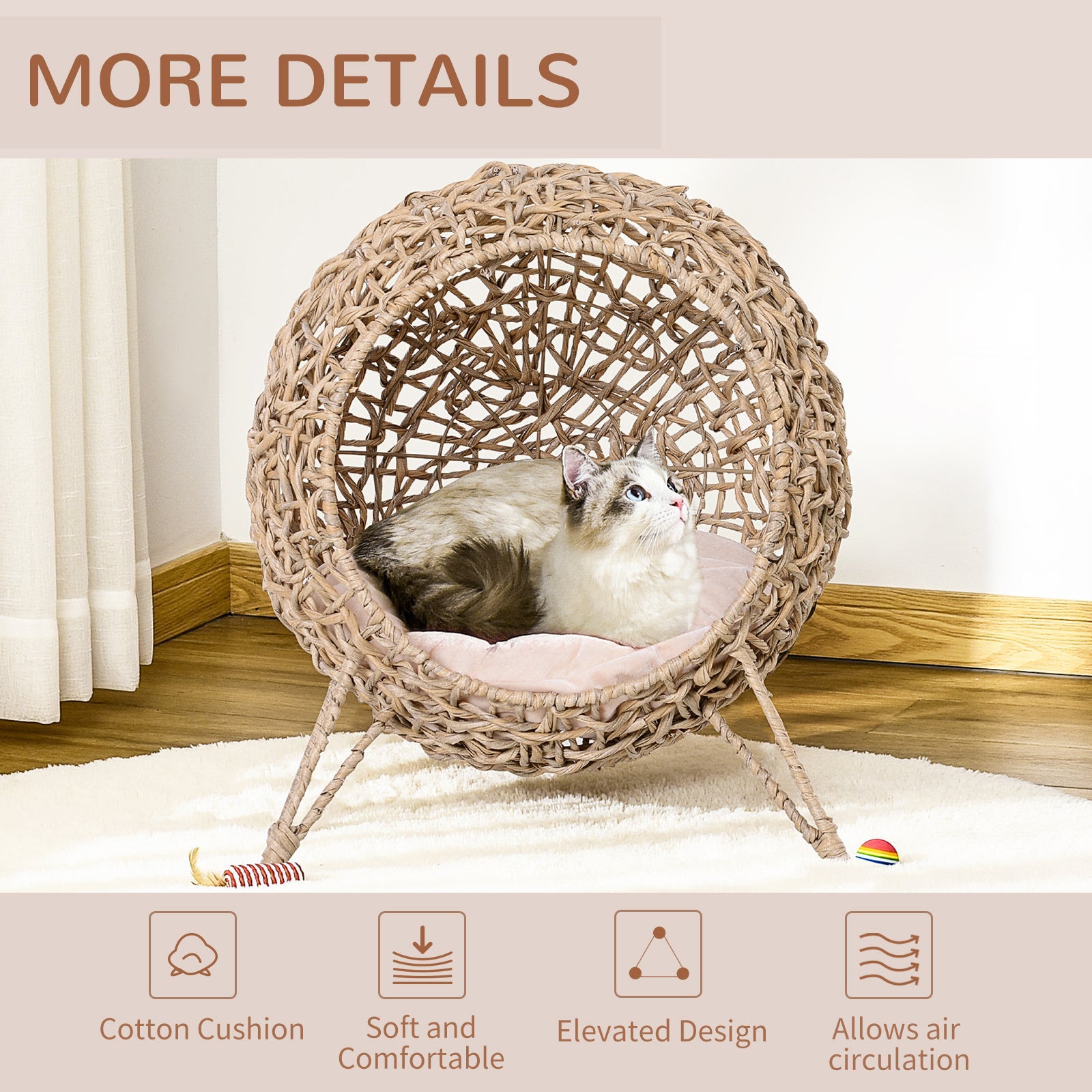 PawHut 20.5" Weaved Cat Bed, Elevated Hand-woven Braided Banana Leaf Kitten House Condo with Cushion, Beige