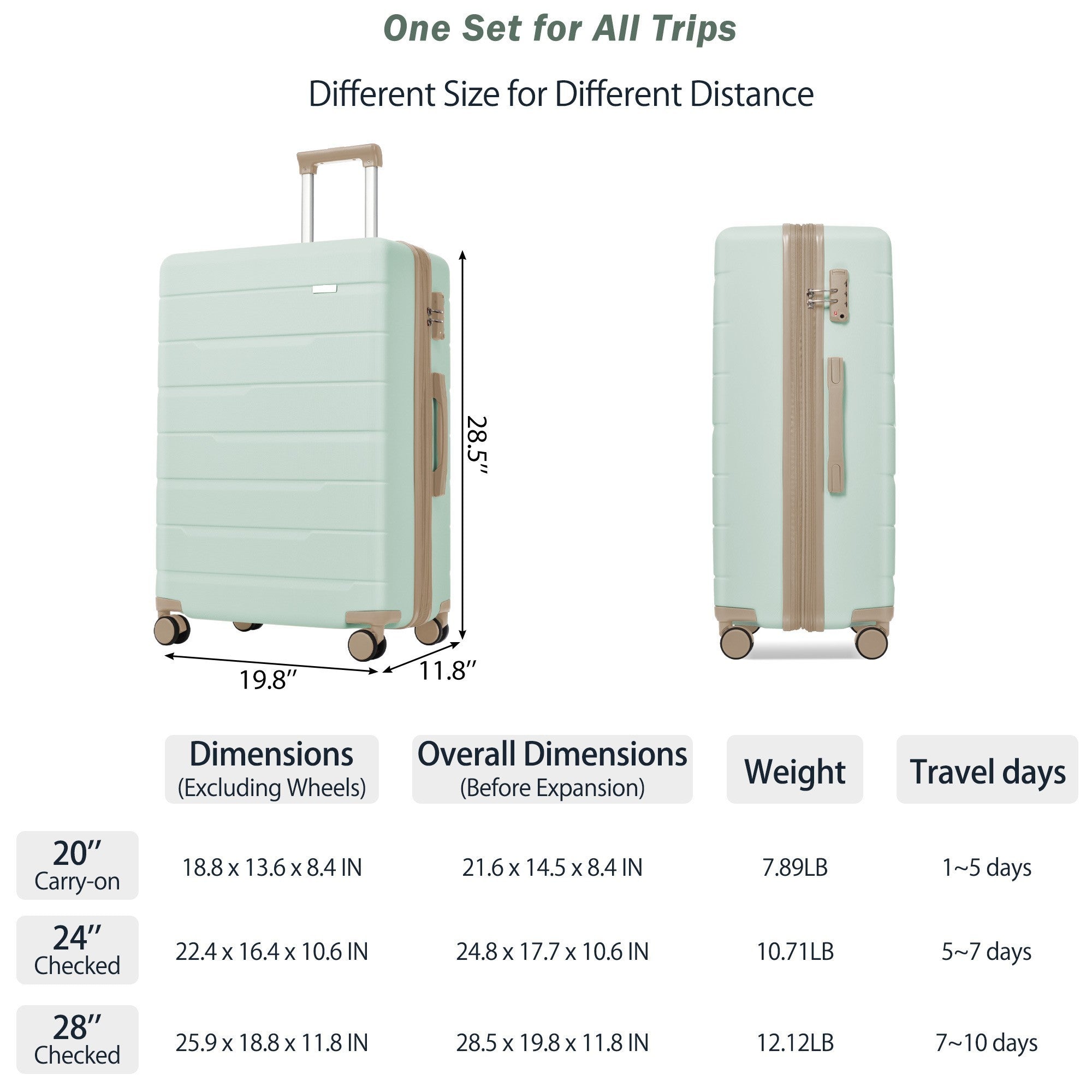 Luggage Sets 3 Piece Suitcase Set 20/24/28,Carry on Luggage Airline Approved,Hard Case with Spinner Wheels, Grey Green