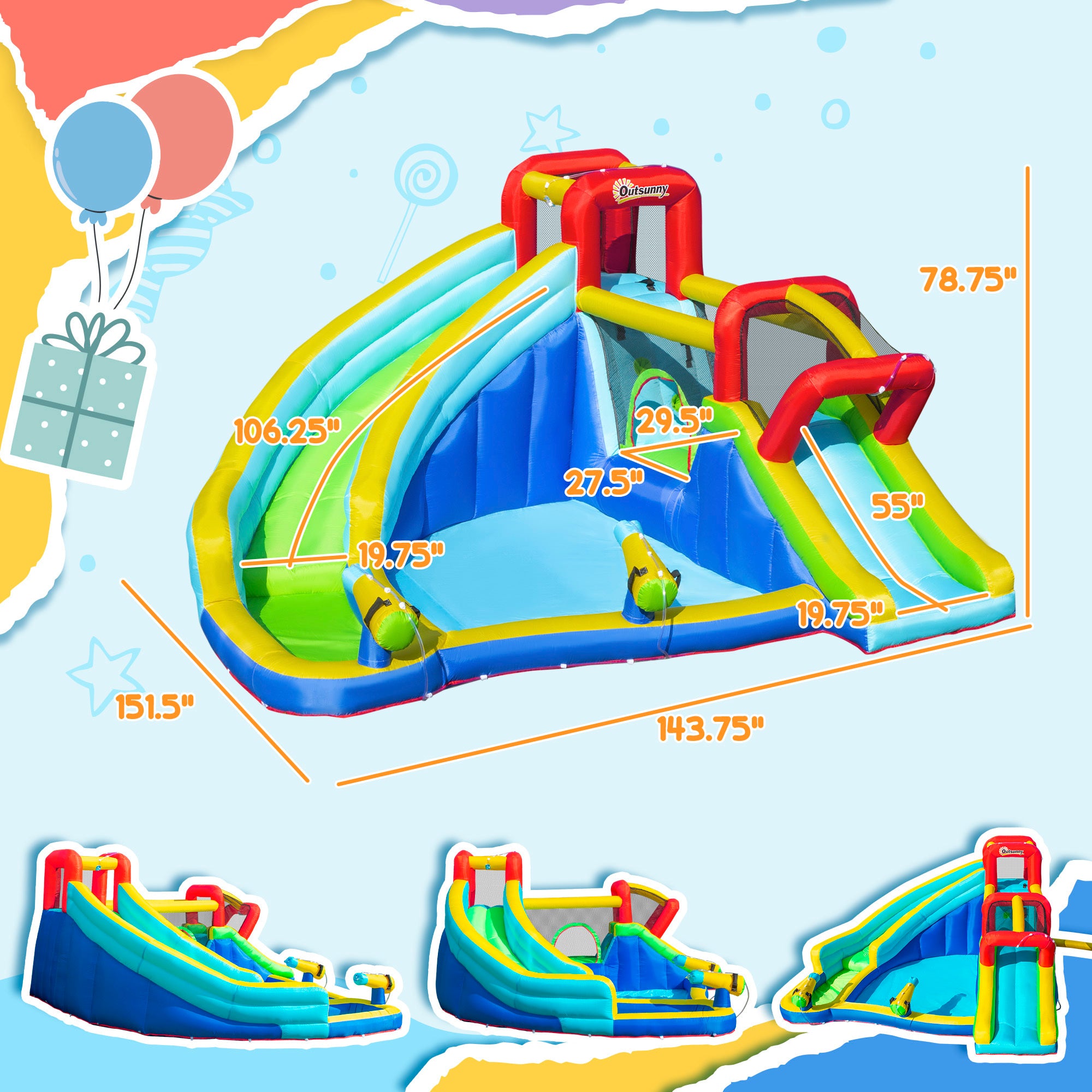 Outsunny 5-in-1 Inflatable Water Slide Kids Bounce House Water Park Jumping Castle Includes Trampoline Slide Water Pool Cannon Climbing Wall with Carry Bag, Repair Patches, 450W Air Blower