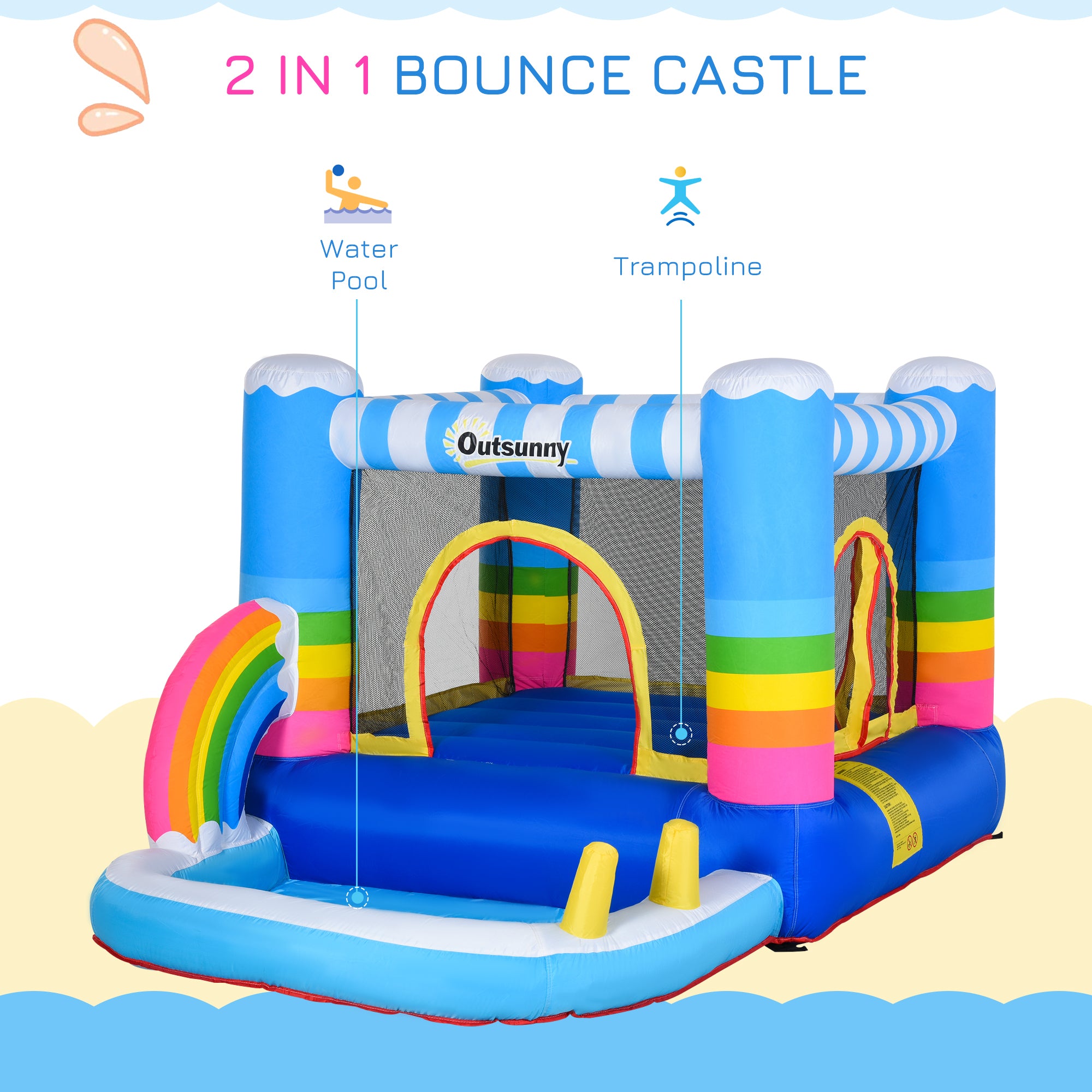 Outsunny Inflatable Bounce House for Kids 2-in-1 Jumping Castle for Indoor Outdoor Party with Trampoline, Pool, Carry Bag & Air Blower