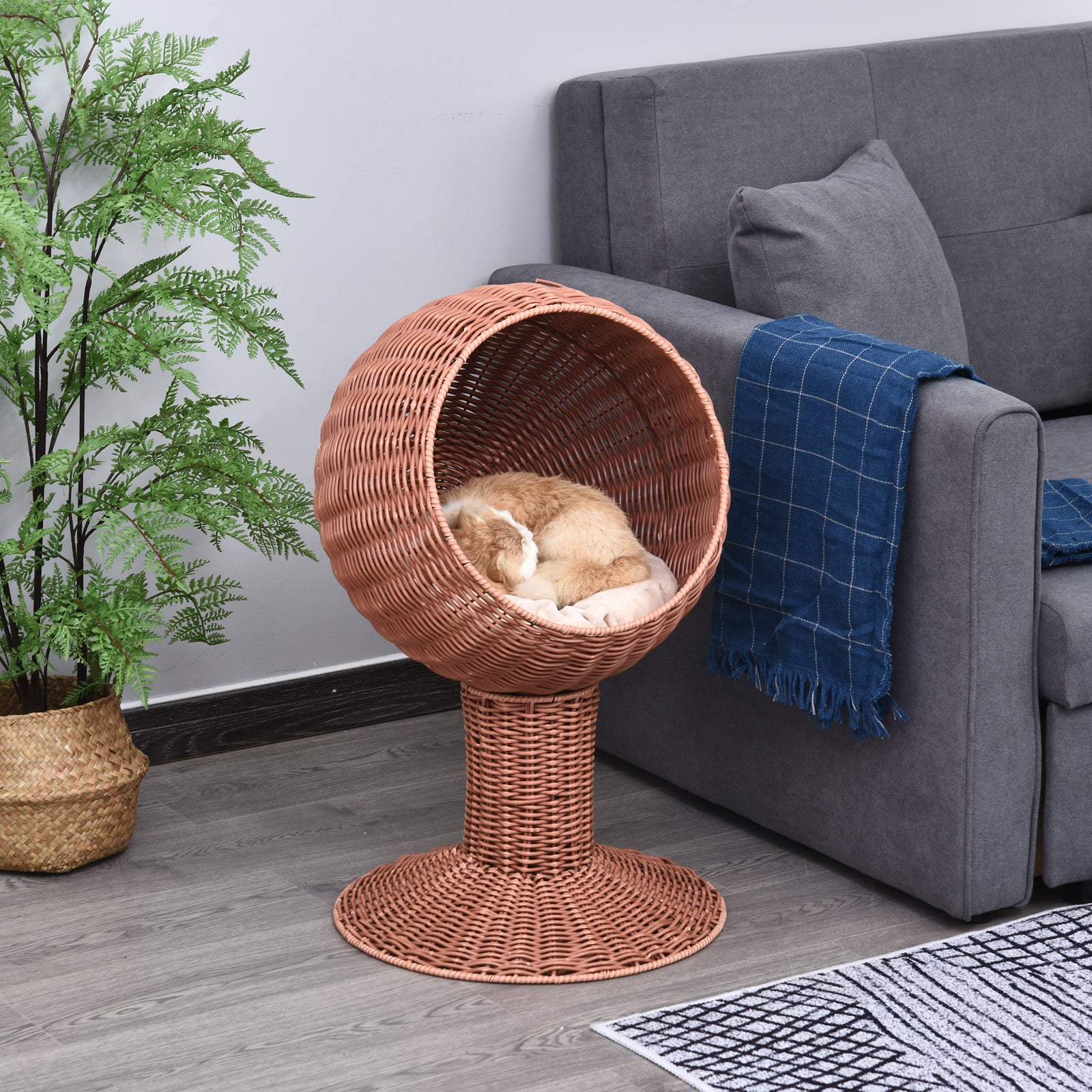 PawHut Elevated Cat Bed with Rotatable Egg Chair Pod, Cat Basket Bed with Thick Cushion, Natural Mat Grass Woven Kitty House, Brown